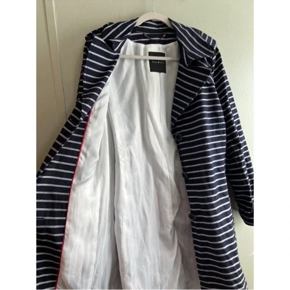 Talbots Blue White Striped Belted Trench Coat Jacket Lined Cotton - Large - Picture 8 of 10